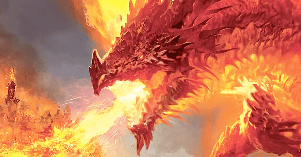 Un dragon allume un village en feu dans Dungeons & Dragons' The Practically Complete Guide to Dragons (2023), Wizards of the Coast