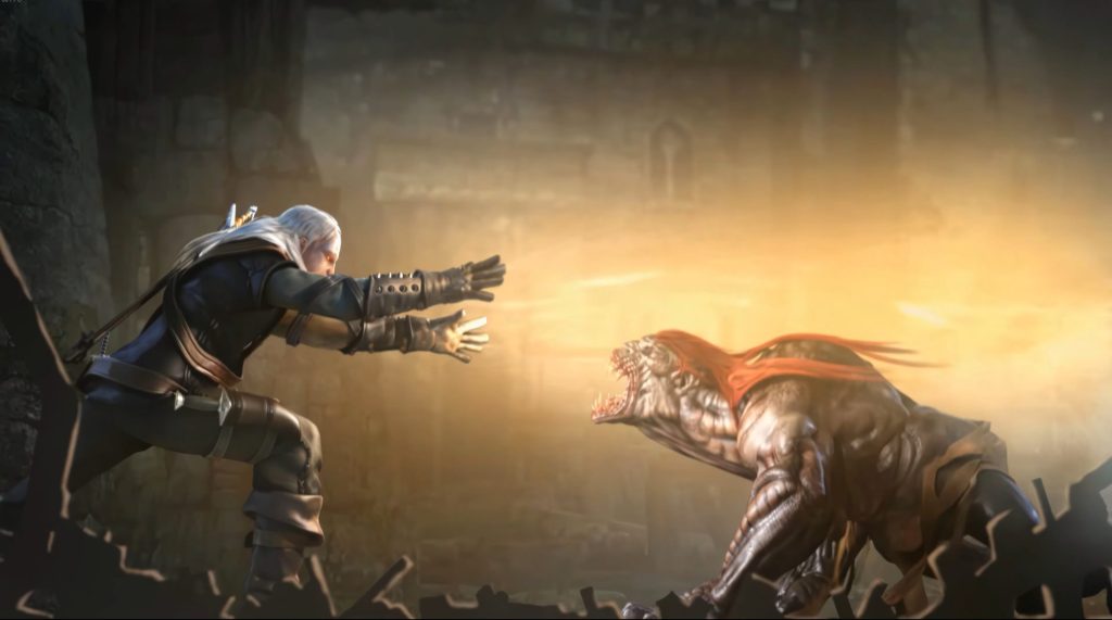 Geralt (Doug Cockle) holds back the Striga in The Witcher: Enhanced Edition (2008), CD Projekt Red