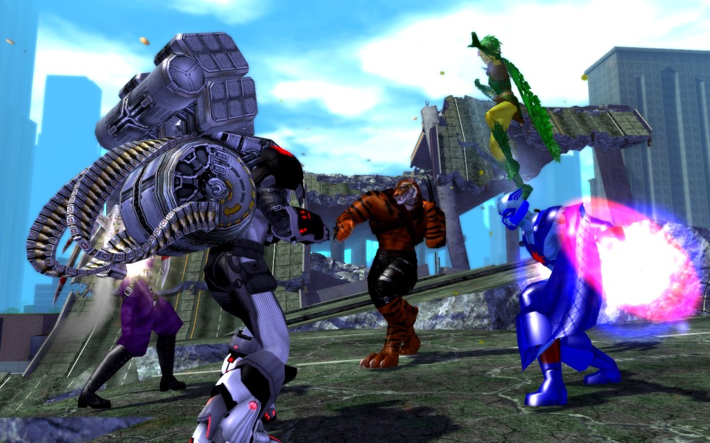 Heroes and villains duke it out on a collapsed highway in City of Heroes (2004), NCSoft