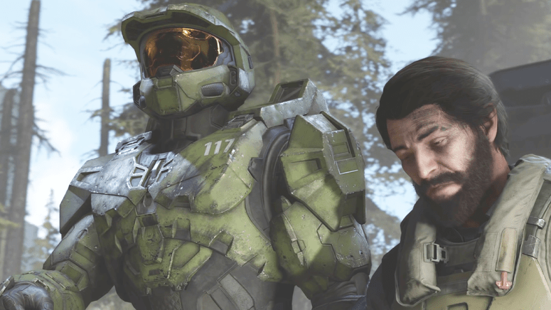 Fernando Esparza (Nicholas Roye) turns to Master Chief (Bruce Thomas) for hope in Halo Infinite (2021), 343 Industries