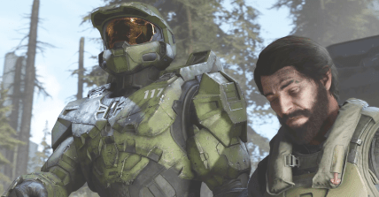 Fernando Esparza (Nicholas Roye) turns to Master Chief (Bruce Thomas) for hope in Halo Infinite (2021), 343 Industries