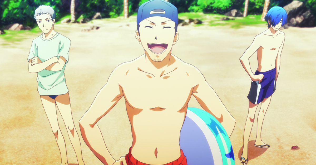 Junpei (Kôsuke Toriumi), Akihiko (Hikaru Midorikawa), and Makoto (Akira Ishida) hit the beach in Persona 3 the Movie #2: Midsummer Knight's Dream (2014), A-1 Pictures