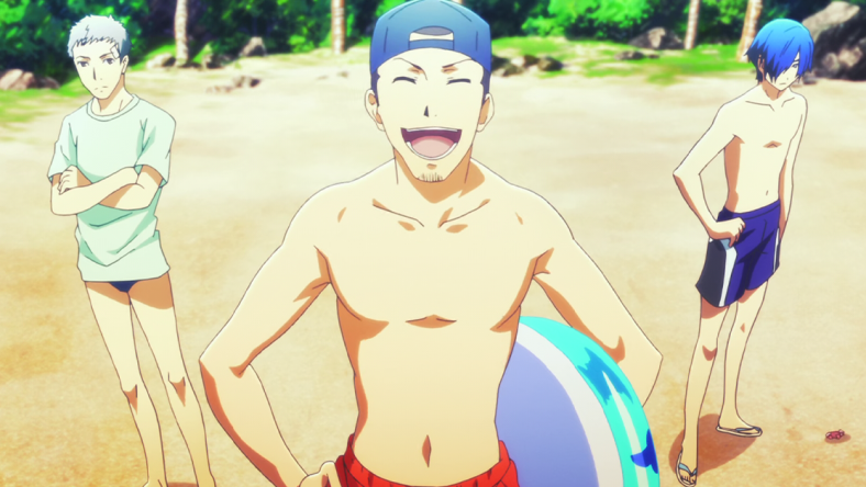 Junpei (Kôsuke Toriumi), Akihiko (Hikaru Midorikawa), and Makoto (Akira Ishida) hit the beach in Persona 3 the Movie #2: Midsummer Knight's Dream (2014), A-1 Pictures