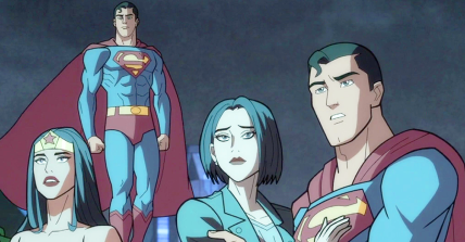 Wonder Woman (Stana Katic), the Superman of Earth-2 (Darren Criss), Lois Lane (Alexandra Daddario) and Superman (Darren Criss) hold their breaths as they wait to see if The Monitor's (Jonathan Adams) plan was successful in Justice League: Crisis on Infinite Earths - Part One (2024), Warner Bros. Animation