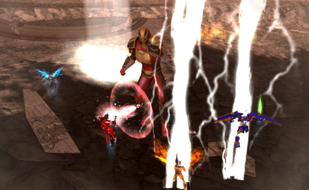 Heroes battle against a giant foe in City of Heroes (2004), NCSoft