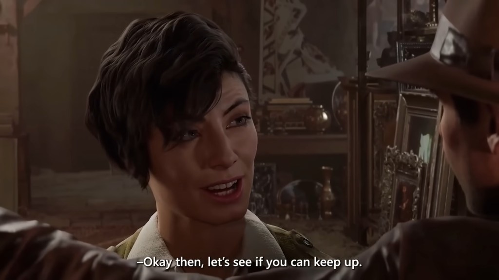 Gina Lombardi (Alessandra Mastronardi) quips at Indy (Troy Baker) in Indiana Jones and the Great Circle (2024), MachineGames