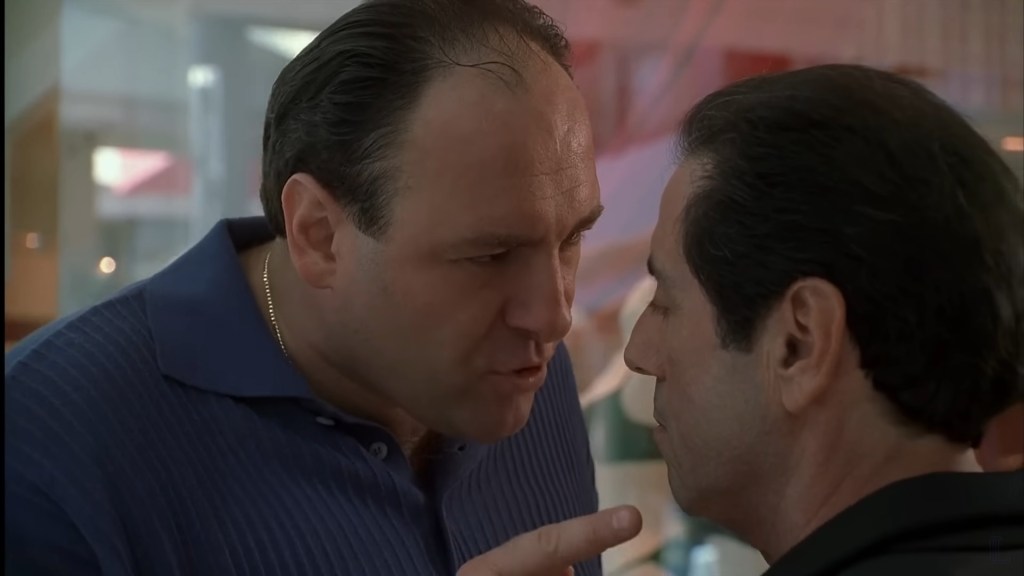 Tony (James Gandolfini) reminds Richie (David Proval) of his place in The Sopranos Season 2 Episode 3 'Toodle-F--king-Oo' (2000), HBO