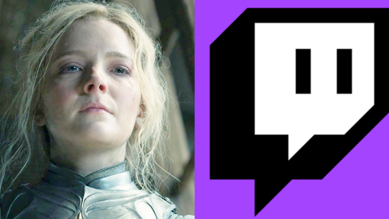 Galadriel (Morfydd Clark) interrogates Adar (Joseph Mawle) in The Lord of the Rings: The Rings of Power Season 1 Episode 6 "Udûn" (2022), Amazon Studios / Twitch.tv official logo