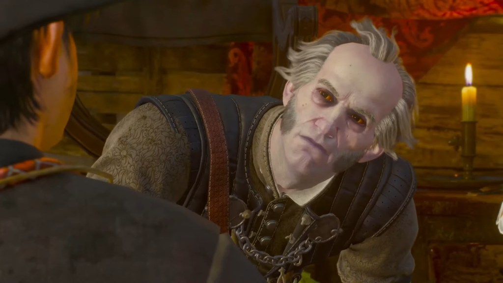 Emiel Regis (Mark Noble) has a question for a young shoe shine in The Witcher 3: The Wild Hunt - Blood and Wine (2016), CD Projeckt Red