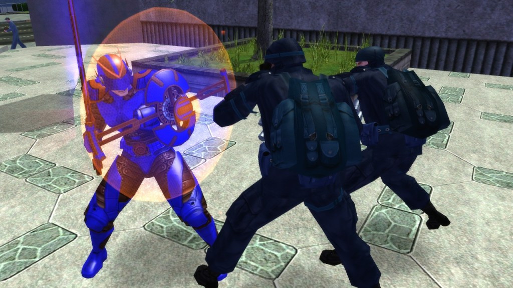 Two goons in all black attempt to gang up on a shield-wielding hero in City of Heroes (2004), NCSoft