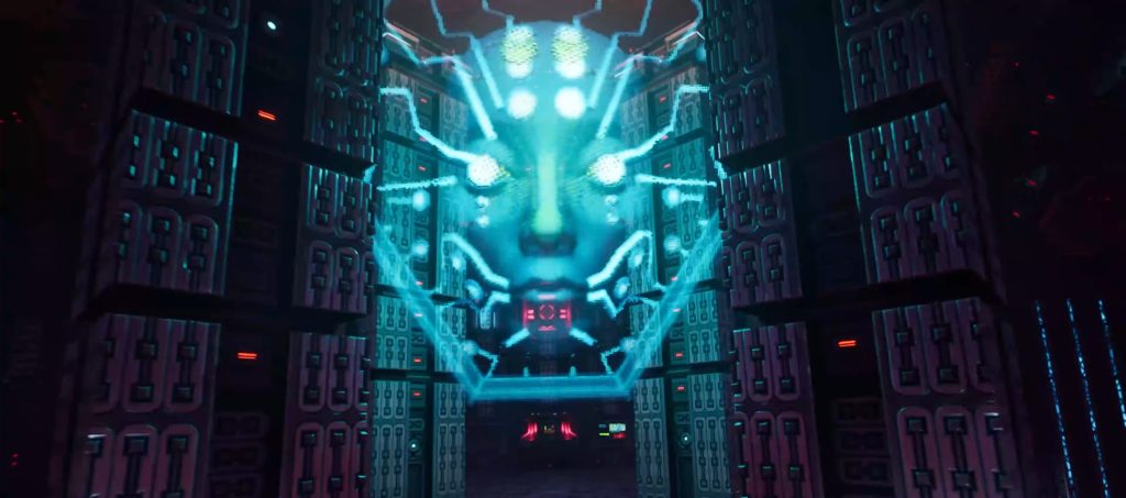 The player finally comes face-to-face with Shodan (Terri Brosius) in System Shock (2023), Nightdive Studios