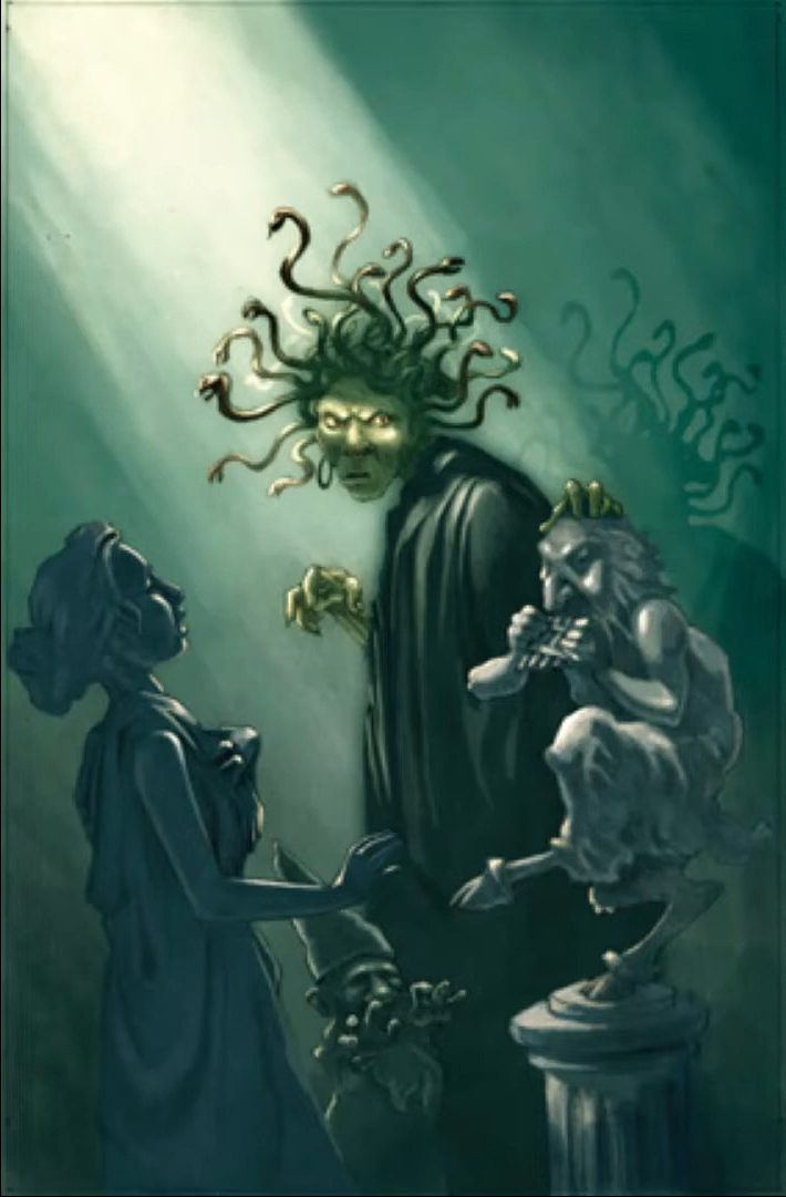 Medusa gazes upon her statues in Percy Jackson and the Olympians The Lightning Thief Illustrated Edition (2018), Disney-Hyperion. Words by Rick Riordan, art by John Rocco.
