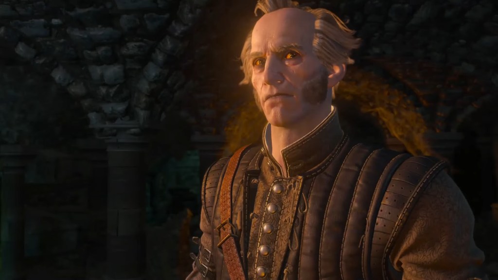 Emiel Regis (Mark Noble) hesitates to recall the blood-soaked wilds of Tesham Mutna in The Witcher 3: The Wild Hunt - Blood and Wine (2016), CD Projeckt Red