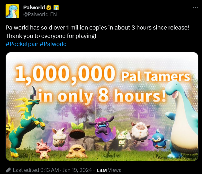 'Palworld' celebrates 1 Million players in 8 hours
