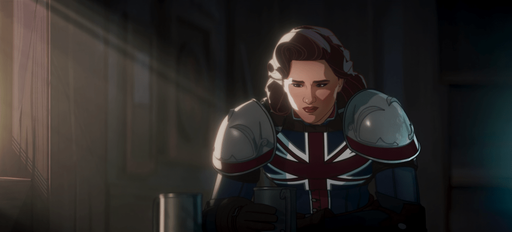 Captain Carter (Hayley Atwell) attempts to drown her sorrows in What If...? Season 2 Episode 8 "What If... the Avengers Assembled in 1602?" (2023), Marvel Entertainment