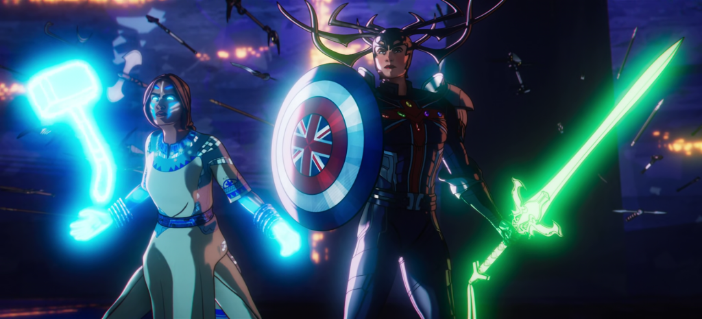 Kahori (Devery Jacobs) uses her powers to lift Mjolnir while Captain Carter (Hayley Atwell) wields Hela's helm, a full-set of Infinity Stones, and a Gamma-radiated sword against Strange Supreme (Benedict Cumberbatch) in What If...? Season 2 Episode 9 "What If... Strange Supreme Intervened?" (2023), Marvel Entertainment