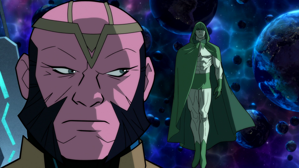 The Monitor (Jonathan Adams) has no time for the Spectre's (Lou Diamond Phillips) judgement in Justice League: Crisis on Infinite Earths - Part One (2024), Warner Bros. Animation