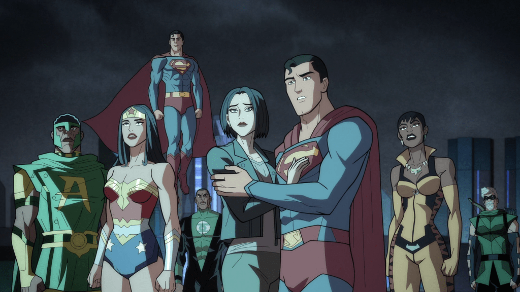 Wonder Woman (Stana Katic), the Superman of Earth-2 (Darren Criss), Lois Lane (Alexandra Daddario) and Superman (Darren Criss) hold their breaths as they wait to see if The Monitor's (Jonathan Adams) plan was successful in Justice League: Crisis on Infinite Earths - Part One (2024), Warner Bros. Animation