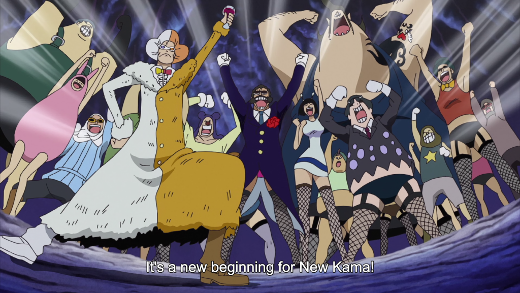 The New Kama declaration as it appears in Funimation's English sub localization of One Piece Episode 441"Luffy Revives! Iva-san's Jailbreak Plan Begins!!" (2010), Toei Animation