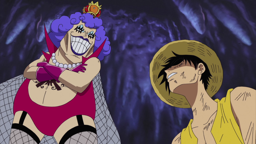 Emporio Ivankov (Norio Imamura) officially offers his aid to Luffy's (Mayumi Tanaka) mission to rescue Ace (Toshio Furukawa) in One Piece Episode 441"Luffy Revives! Iva-san's Jailbreak Plan Begins!!" (2010), Toei Animation