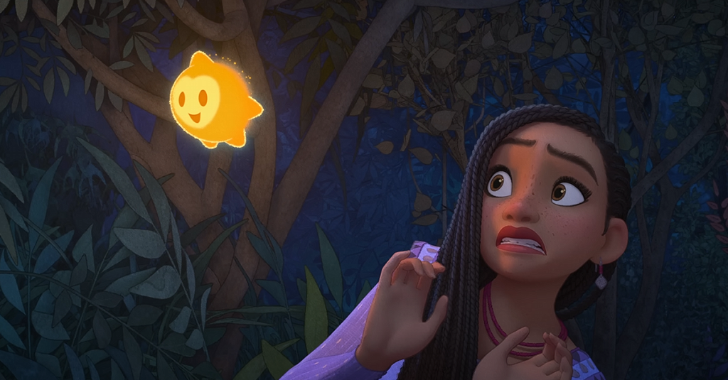 Asha (voiced by Ariana DeBose) meets Star for the first time in "Wish" (2023), Walt Disney Studios