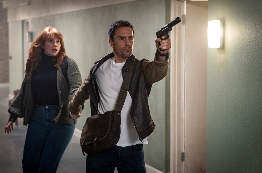 (from left) Elly Conway (Bryce Dallas Howard) and Aidan (Sam Rockwell) in Argylle, directed by Matthew Vaughn.