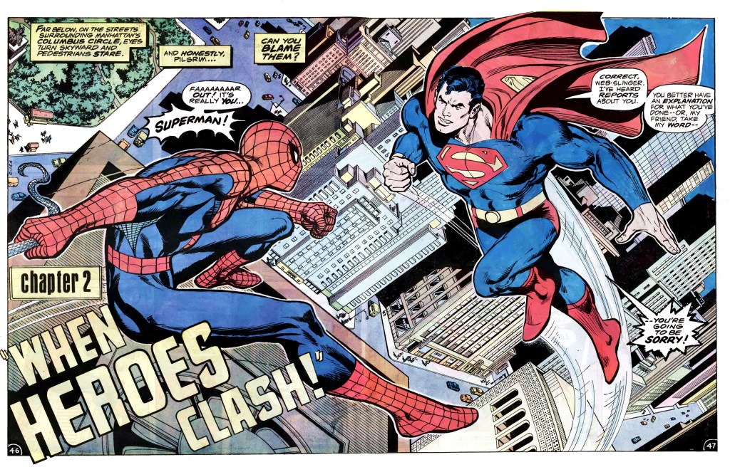 The Friendly Neighborhood Web-Slinger comes face-to-face with The Man of Steel in Superman vs. The Amazing Spider-Man: The Battle of the Century (1976), DC/Marvel Comics. Words by Gerry Conway, art by Ross Andru, Neal Adams, John Romita Sr., Dick Giordano, Terry Auistin, Bob Wiacek, Jerry Serpe, and Gaspar Saladino.
