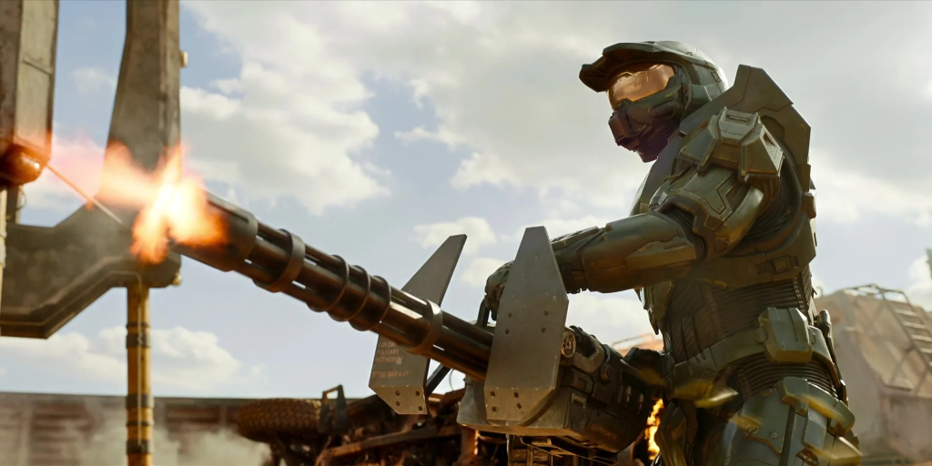 Master Chief (Pablo Schreiber) wields a Warthog's chain gun in Halo Season 1 Episode 1 "Contact" (2022), Paramount Plus