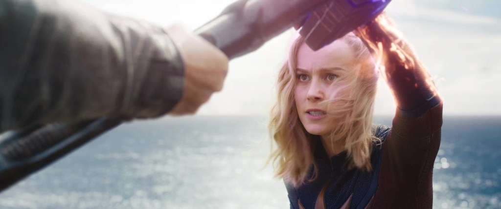 Captain Marvel (Brie Larson) takes on Dar-Benn (Ashton Zawe) in The Marvels (2023), Marvel Entertainment