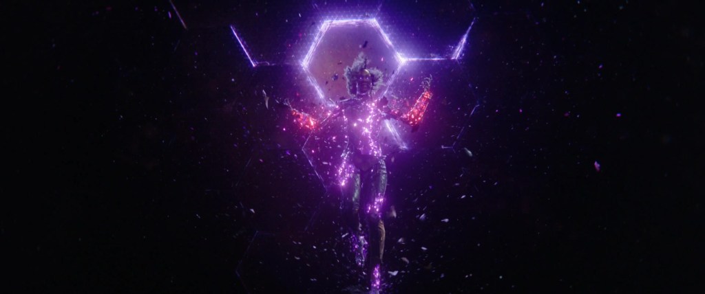 Dar-Benn (Zawe Ashton) is overwhelmed by the power of the Quantum Bands in The Marvels (2023), Marvel Entertainment