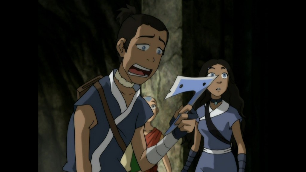 Sokka (Jack DeSena) realizes his boomerang will do little against the Combustion Man's (Greg Baldwin) lasers in Avatar: The Last Airbender Season 3 Episode 12 "The Western Air Temple" (2005), Nickelodeon
