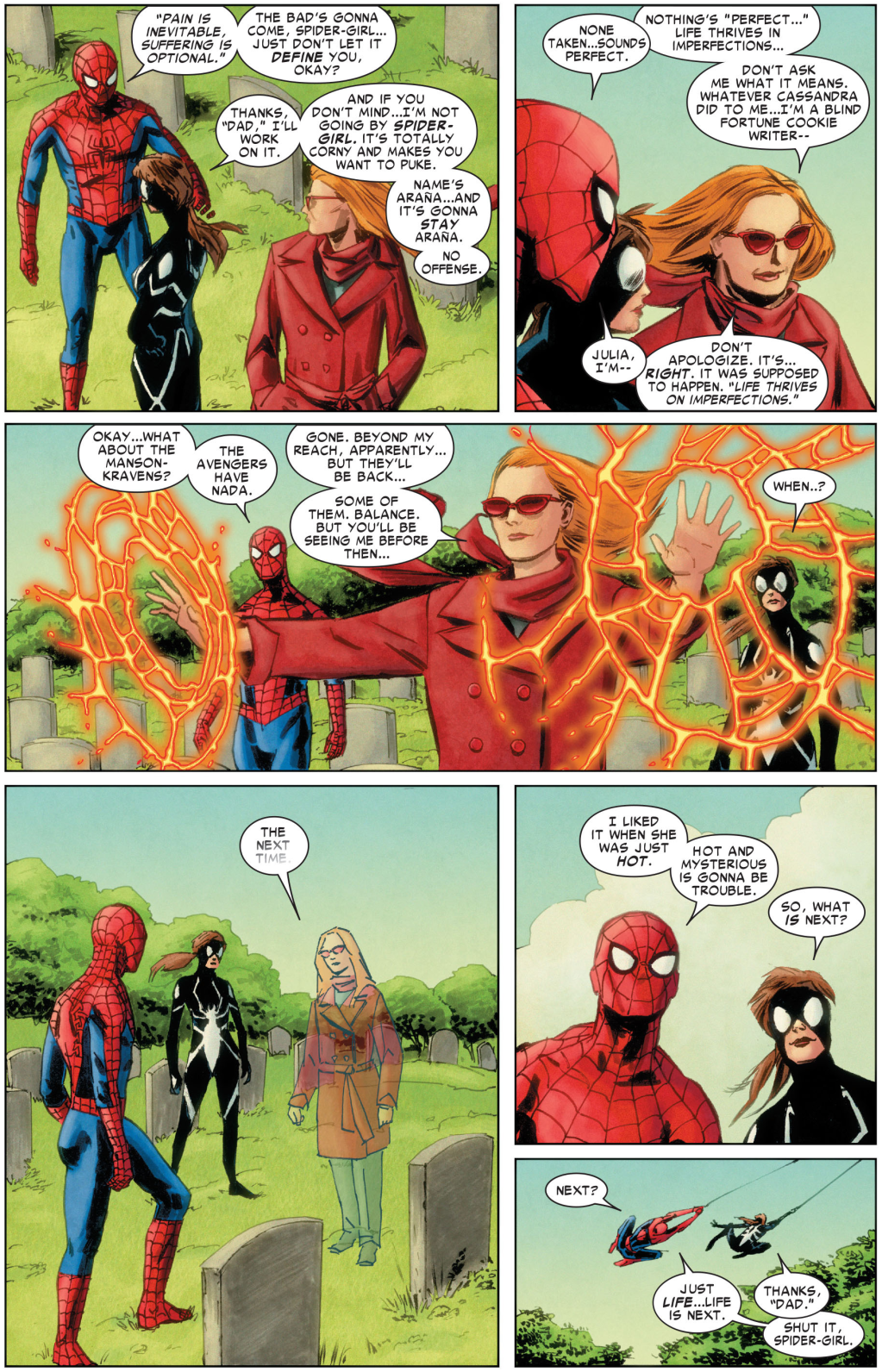 A single page proves why Spider-Man is needed for his supporting cast to actually work in 
Amazing Spider-Man Vol. 1 #637 "Grim Hunt: Conclusion" (2010), Marvel Comics. Words by Joe Kelly, art by Michael Lark, Marcho Checchetto, Stefano Gaudiano, Matt Southworth, Brian Thies, Matt Hollingsworth, and Joe Caramagna.