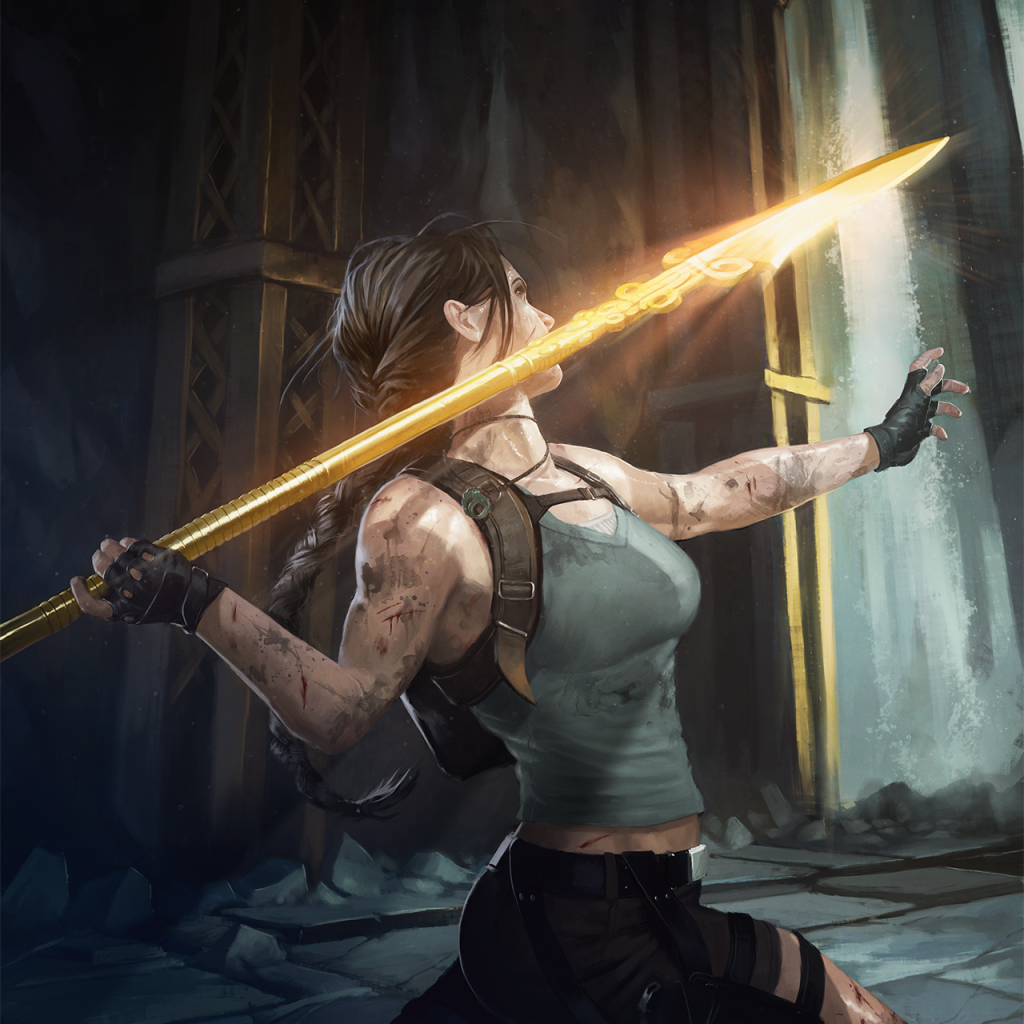 Lara Croft wields Totec's Spear via Card #1505, Magic: The Gathering - Secret Lair Drop (2023), Wizards of the Coast. Art by Greg Staples.