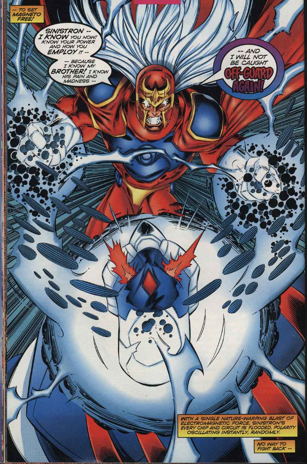 Magneto lays waste to Sinistron in Magneto and the Magnetic Men Vol. 1 #1 "Opposites Attract" (1996), Marvel Comics, DC. Words by Gerard Jones, art by Jeff Matsuda, Art Thibert, and Kevin Tinsley.