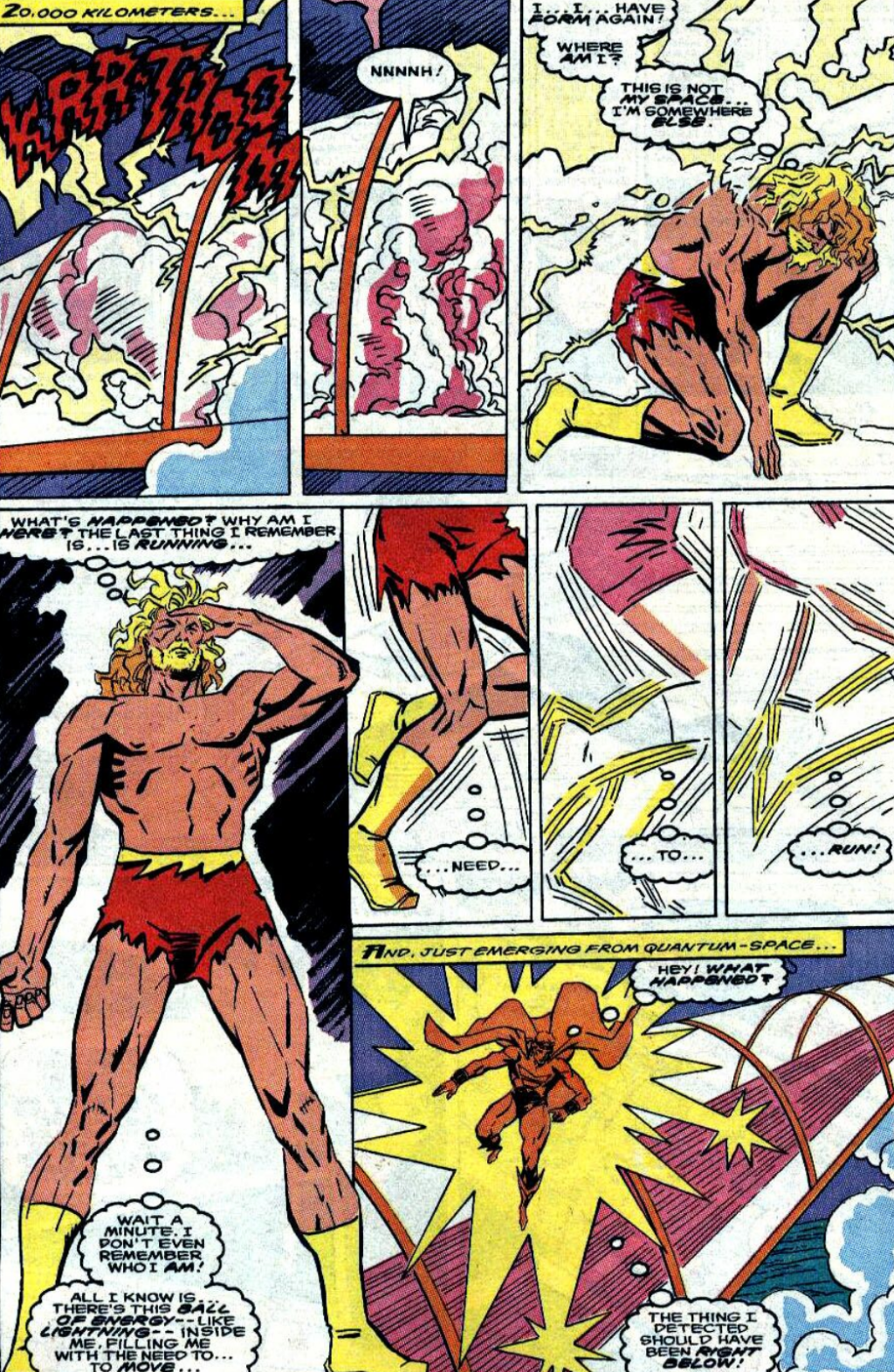 A strange, scarlet-clad speedster bolts into the 616 from across the multiverse in Quasar Vol. 1 #17 "Reborn to Run" (1990), Marvel Comics. Words by Mark Gruenwald, art by Mike Manley, Paul Becton, and Janice Chiang.