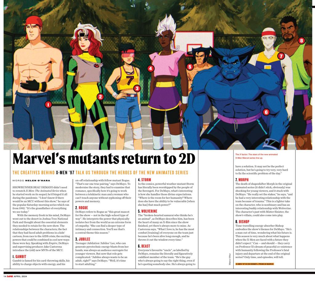 Entrevista de Beau DeMayo com X-Men '97 para a Empire Magazine, com sua sinopse específica sobre Morph à direita, para a edição de abril de 2024. Texto de Helen O'Hara, layout de Marco Vittur.