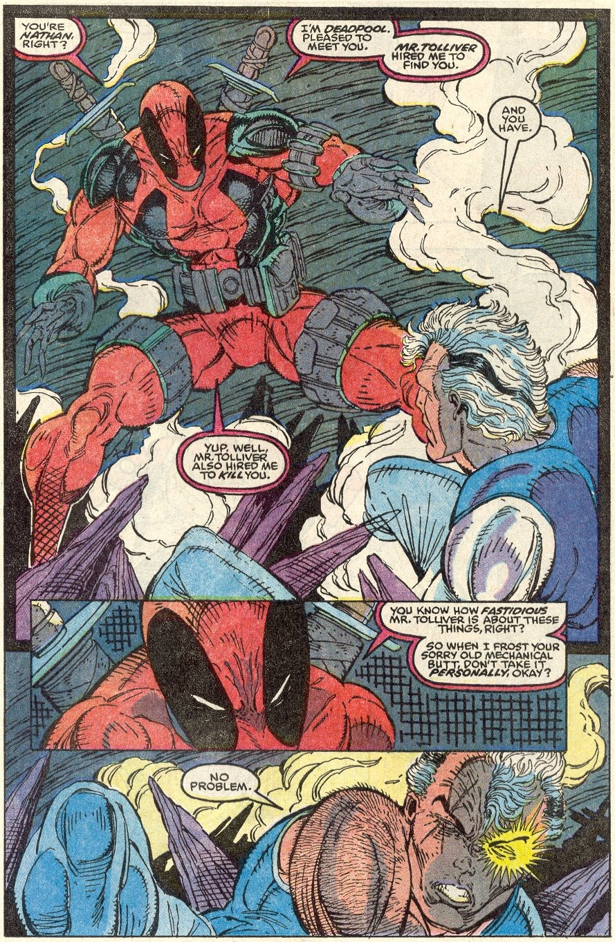 Deadpool makes his comic book debut in New Mutants Vol. 1 #98 "The Beginning of the End, Pt. 1" (1990), Marvel Comics. Words by Rob Liefeld and Fabian Nicieza, art by Rob Liefeld, Steve Buccellato, and Joe Rosen.
