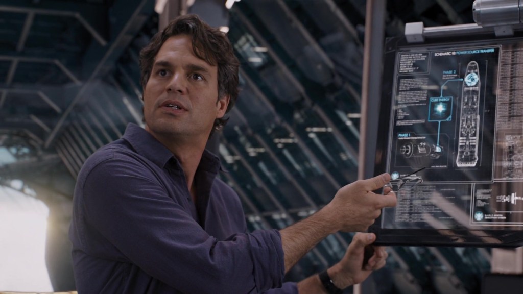 Bruce Banner (Mark Ruffalo) uncovers the truth of S.H.I.E.L.D.'s weapon operations in The Avengers (2012), Marvel Entertainment