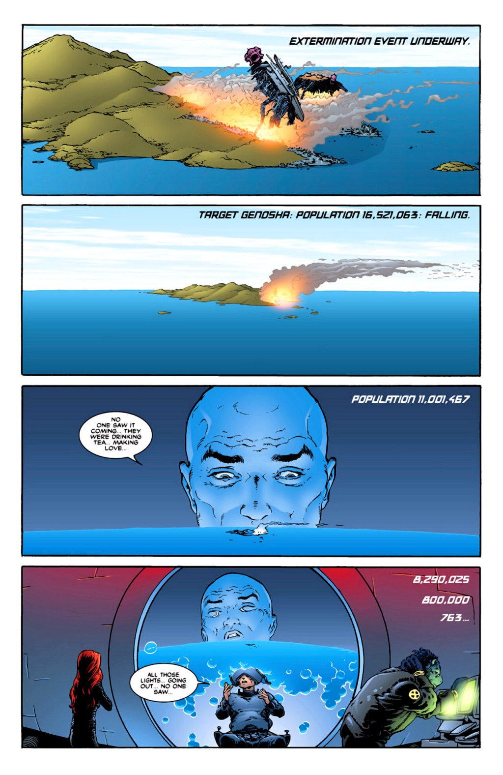 Charles Xavier watches in horror as Cassandra Nova commits genocide against the citizens of Genosha in New X-Men Vol. 1 #126 "E is for Extinction Part 2" (2002), Marvel Comics. Words by Grant Morrison, art by Frank Quitely, Tim Townsend, and Brian Haberlin.