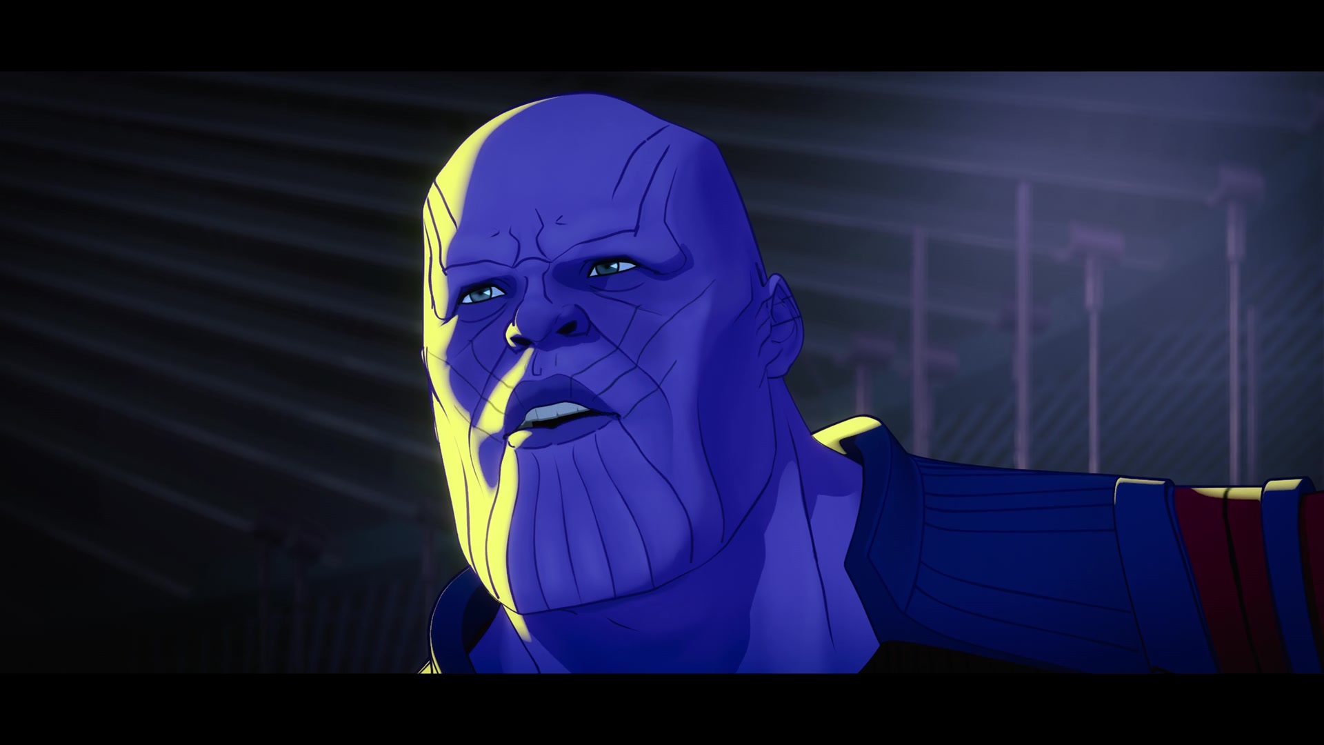 Thanos (Josh Brolin) não tem certeza do plano de T'Challa (Chadwick Boseman) em What If…? Temporada 1, episódio 2 “E se… T'Challa se tornasse um Senhor das Estrelas?” (2021), Marvel Entretenimento