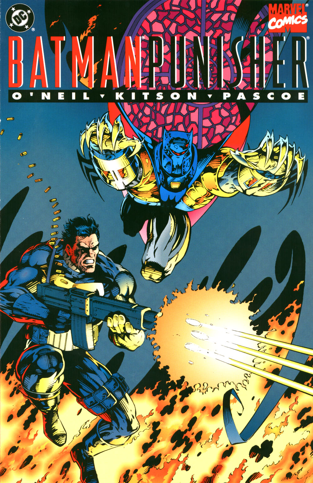 Azrael and Frank Castle are ready to dish out justice on Barry Kitson's cover to Batman/Punisher: Lake of Fire Vol. 1 #1 (1994), DC/Marvel Comics