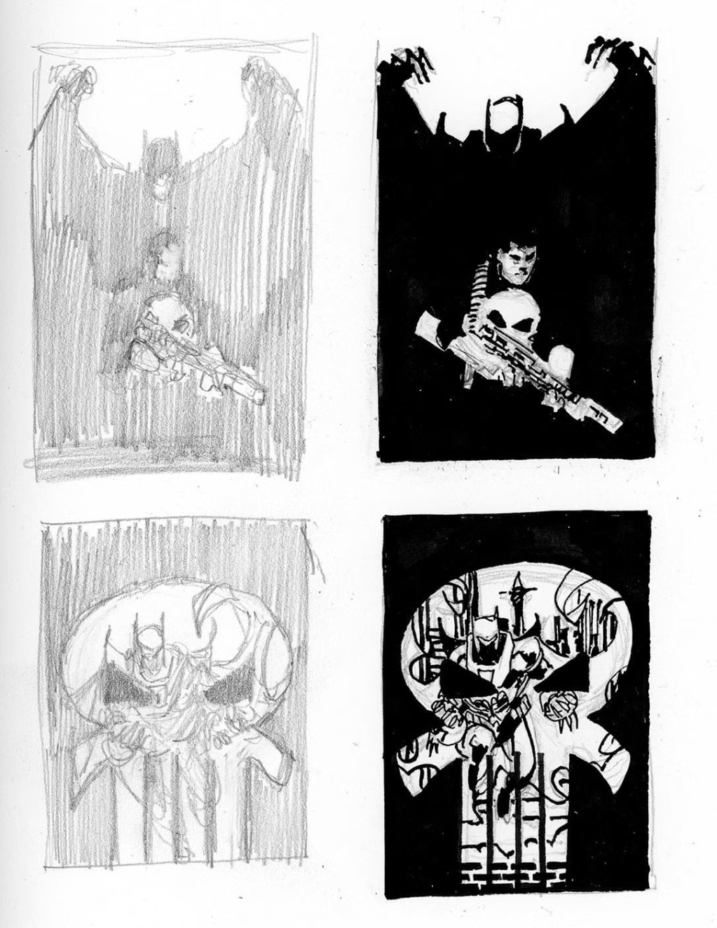 Barry Kitson's draft thumbnails for the cover art to Batman/Punisher: Lake of Fire (1994), DC/Marvel Comics