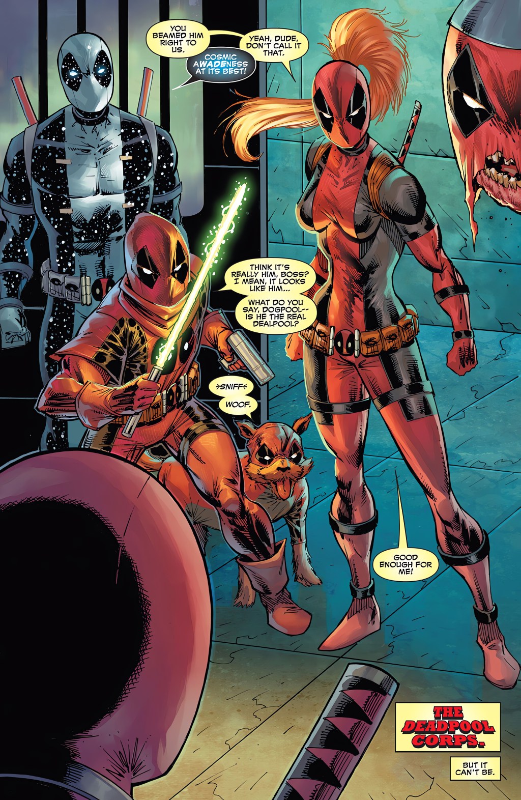 The Deadpool Corps reunites with their eponymous leader in Deadpool: Badder Blood Vol. 1 #3 (2023), Marvel Comics. Words by Rob Liefeld and Chad Bowers, art by Rob Liefeld, Jay David Ramos, and Joe Sabino.