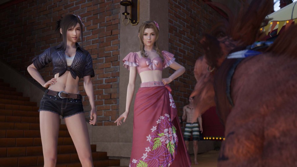 Tifa Lockhart (Britt Baron) and Aerith Gainsborough (Briana White) show off their beach clothes to Red XIII (Max Mittelman) in Final Fantasy VII Rebirth (2024), Square Enix