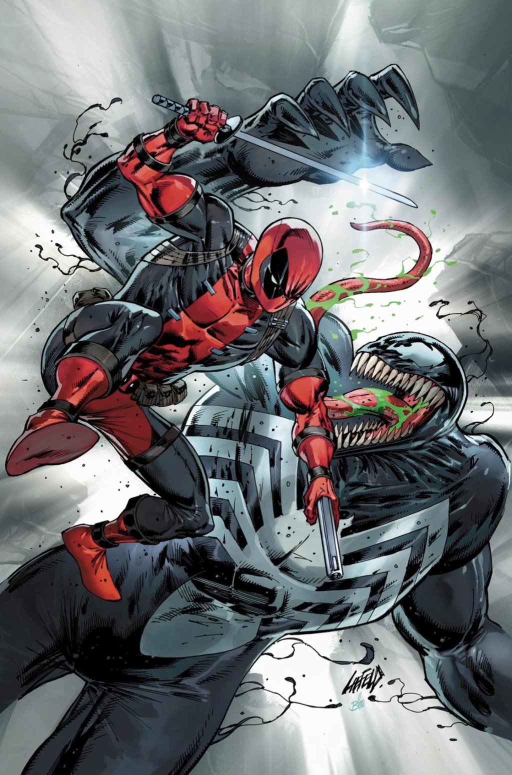 Deadpool and Venom duke it out on Rob Liefeld's Deadpool 30th Anniversary cover to King in Black: Spider-Man Vol. 1 #1 (2021), Marvel Comics