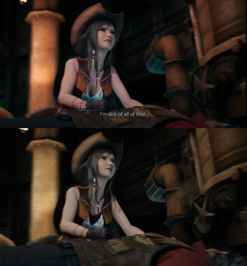A comparison between Tifa Lockhart's (Britt Baron) original and censored cowgirl outfit after the 1.003 update in Final Fantasy VII Remake (2020), Square Enix