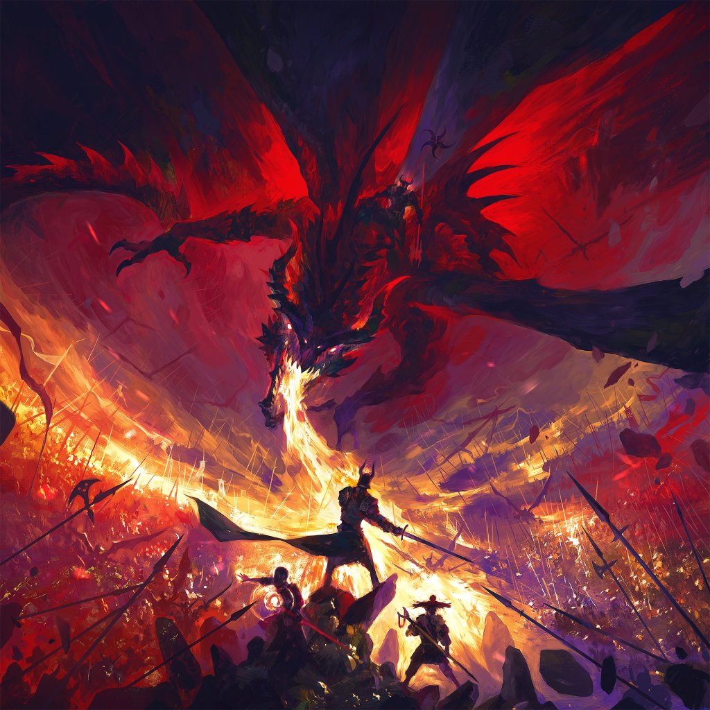 Les armées s'affrontent alors que le ciel devient rouge sang et un cavalier du dragon rouge brûle les âmes malheureuses ci-dessous dans Dungeons & Dragons Dragonlance : Shadow of the Dragon Queen (2022), Wizards of the Coast.  Illustration de Dominik Mayer.