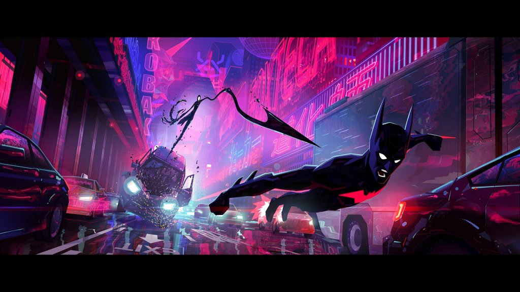 Terry McGinnis is under attack from Inque in Yuhki Demer's concept art for his and Brian Harpin's unrealized Batman Beyond animated film