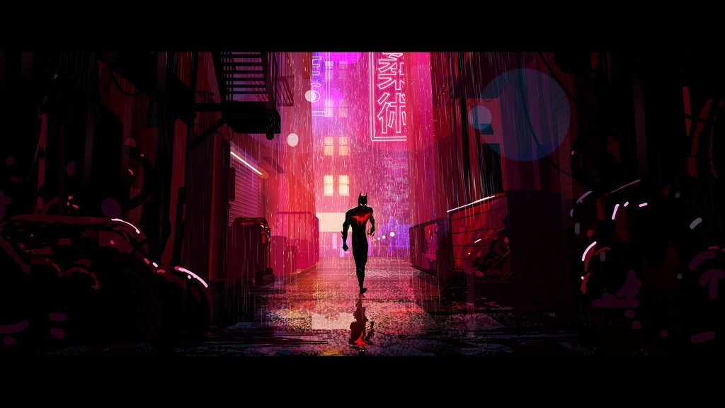 Terry McGinnis stays frosty as he enters an alley way in Yuhki Demer's concept art for his and Brian Harpin's unrealized Batman Beyond animated film