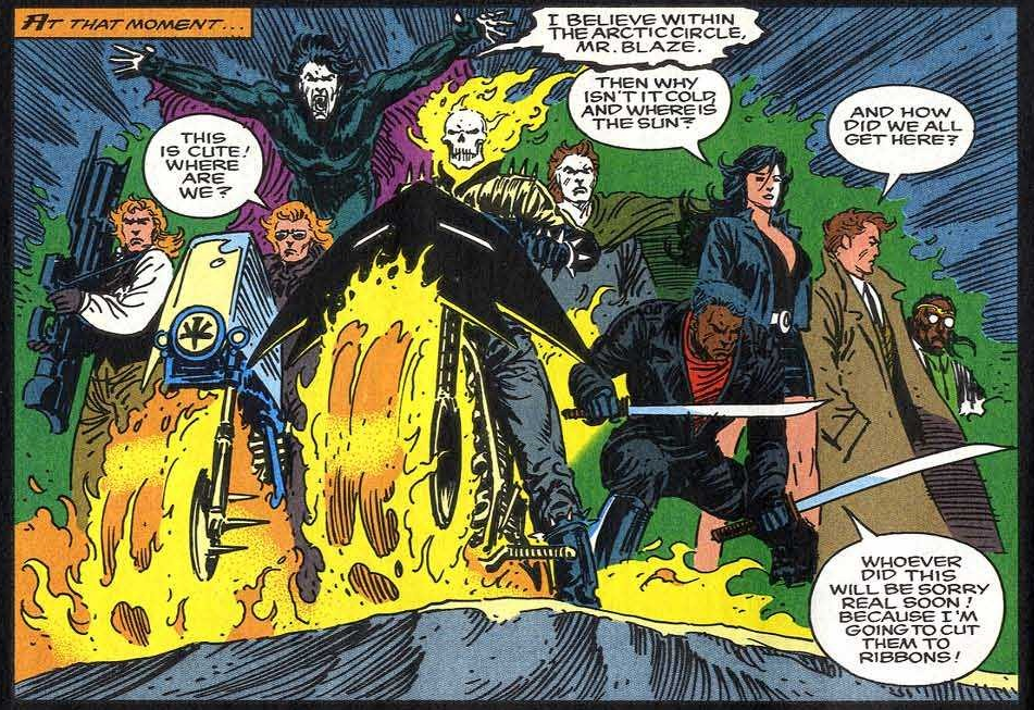 The Midnight Sons stand fully assembled for the first time in Ghost Rider Vol. 3 #31 "Rise of the Midnight Sons (Part VI of VI)" (1992), Marvel Comics. Words by Howard Mackie, art by Andy Kubert, Joe Kubert, Gregory Wright, and Janice Chiang.